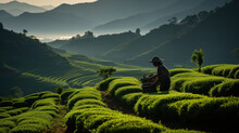 Tea Plantation At Sunrise In Chiang Rai Province, Thailand.