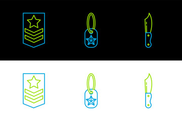 Poster - Set line Military knife, Chevron and dog tag icon. Vector