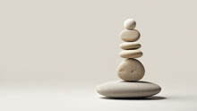 Stone Zen Concept. Balanced Rock Stacks Convey Tranquility And Harmony. Reflection Of Meditation, Mental Equilibrium, And Serenity. Neutral, Monochromatic Palette, Beige Background. Copy Space