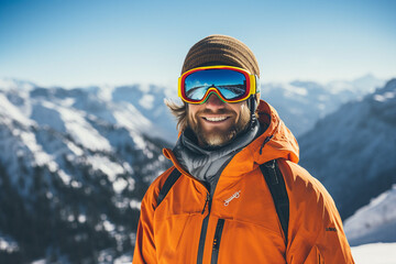 Generative AI photography of happy man wear sunglasses spending weekend at ski resort winter holiday concept