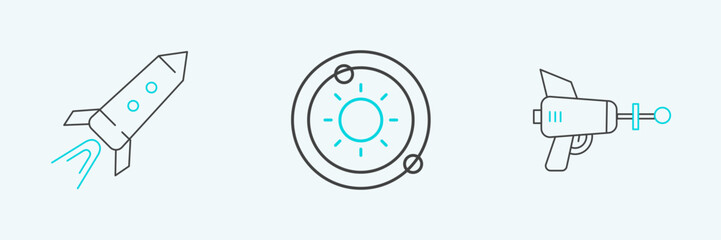 Poster - Set line Ray gun, Rocket ship with fire and Solar system icon. Vector