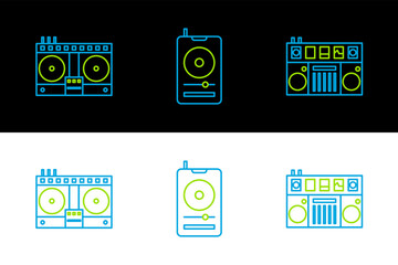 Sticker - Set line DJ remote for playing and mixing music, and Music player icon. Vector