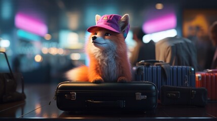 Poster - A fox wearing a hat sitting on top of a suitcase. Generative AI.