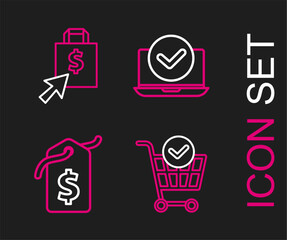 Sticker - Set line Shopping cart with check mark, Price tag dollar, Laptop and Shoping bag and icon. Vector