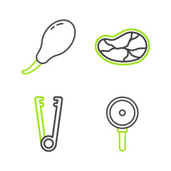 Sticker - Set line Frying pan, Meat tongs, Steak meat and Chicken leg icon. Vector