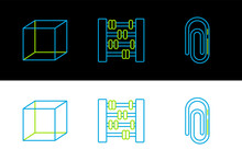 Set Line Paper Clip, Geometric Figure Cube And Abacus Icon. Vector