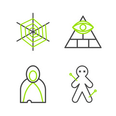 Poster - Set line Voodoo doll, Mantle, cloak, cape, Masons and Spider web icon. Vector