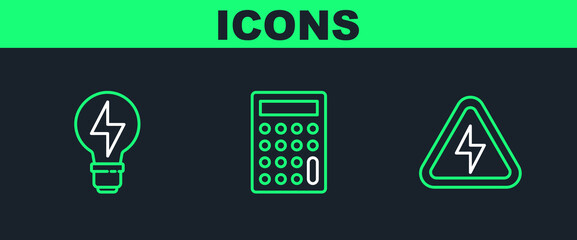 Fototapete - Set line High voltage, Light bulb with lightning and Calculator icon. Vector