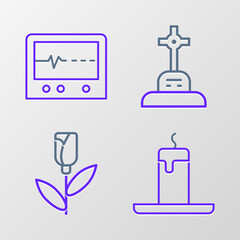 Poster - Set line Burning candle, Flower rose, Grave with cross and Beat dead monitor icon. Vector