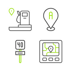 Poster - Set line Gps device with map, Road traffic sign, Location and and gas station icon. Vector