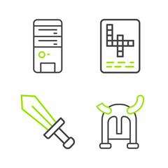 Sticker - Set line Viking in horned helmet, Sword for game, Crossword and Computer icon. Vector