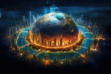Wall Mural - Digital world planet. Cyber Earth. Futuristic technology concept. Generative AI