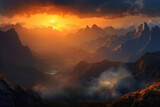 Fototapeta Zachód słońca - A panoramic view of a mountain under the golden sunset. Generative AI