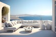 Luxury apartment terrace Santorini  Interior of modern living room sofa or couch with beautiful sea view. Generative AI, Generative AI