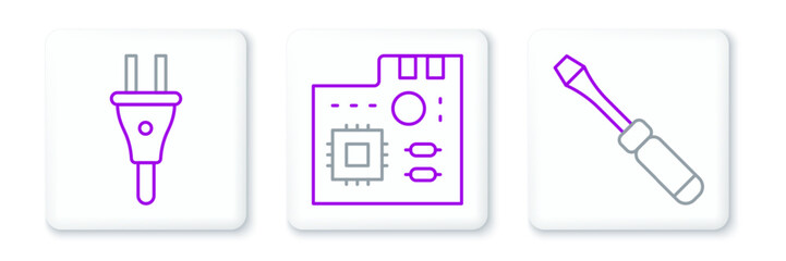 Sticker - Set line Screwdriver, Electric plug and Motherboard digital chip icon. Vector