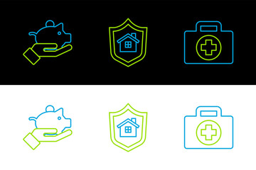 Sticker - Set line First aid kit, Piggy bank in hand and House with shield icon. Vector