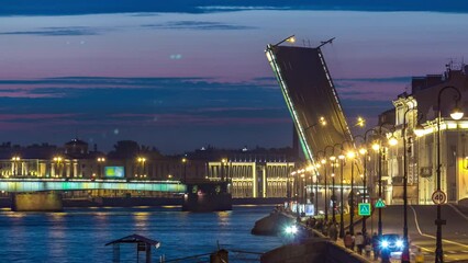 Wall Mural - St. Petersburg's white night phenomenon: Timelapse reveals the Liteyny Bridge span lifted over the Neva River. Viewed from Trinity Bridge, with the embankment enhancing the scene