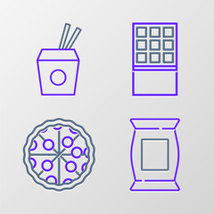 Canvas Print - Set line Bag or packet potato chips, Pizza, Chocolate bar and Asian noodles and chopsticks icon. Vector