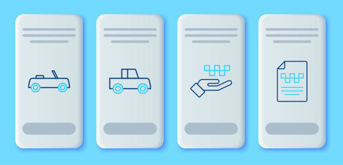 Poster - Set line Car, Hand with taxi, and Taxi driver license icon. Vector