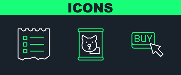 Poster - Set line Buy button, Shopping list and Canned food icon. Vector