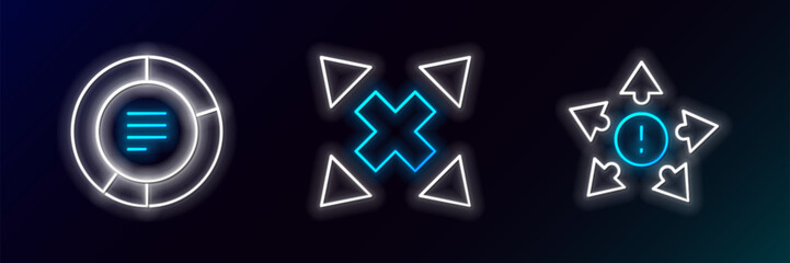 Poster - Set line Many ways directional arrow, Pie chart infographic and icon. Glowing neon. Vector