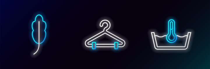 Sticker - Set line Temperature wash, Feather and Hanger wardrobe icon. Glowing neon. Vector