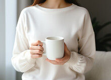 Woman In Sweater Holding Blank Empty White Mug Mockup For Design Template