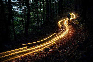 Wall Mural - generative ai collage of energetic moving cyclist in dark woods fast winning race concept