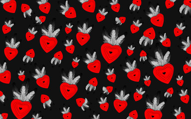 Sacred mexican heart with feathers. Seamless pattern