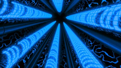 Poster - Futuristic 3d tunnel with light tubes. Design. Glowing cyber tunnel with 3d pipes. Dark corridor with glowing 3D pipes in futuristic style
