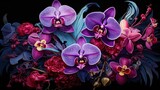 Fototapeta Storczyk -  a painting of purple orchids and other flowers on a black background.  generative ai