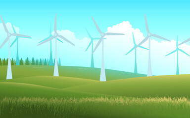 Vector illustration of a wind turbine energy farm. A captivating depiction of sustainable power generation and environmental consciousness