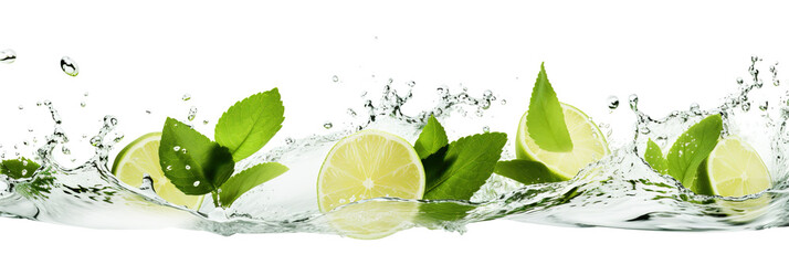 Wall Mural - A slice of lime annd mint leaves falling into the water on white background. Panoramic banner image.