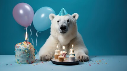 Sticker -  a polar bear sitting in front of a birthday cake with lit candles.  generative ai