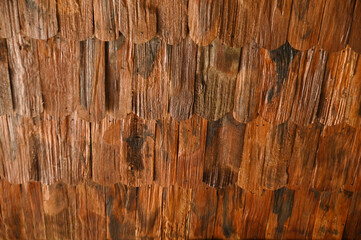 Wall Mural - Texture and background of pieces of teak wood arranged to form a roof.