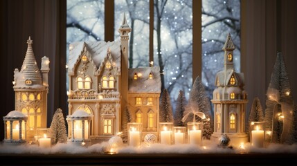 Wall Mural - close-up shot of a house's window of Christmas decorations,