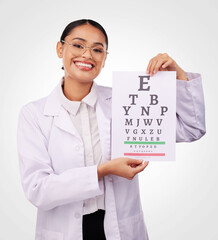 Wall Mural - Eye exam, chart and letter, vision and woman in portrait, optometrist and health isolated on white background. Assessment, diagnosis and healthcare with optometry, glasses and doctor in a studio