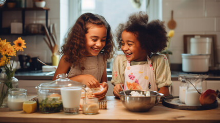 Two young girls, one of African American descent and the other Caucasian, share a strong friendship as they collaborate in a contemporary kitchen to prepare a meal.