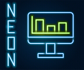 Aufkleber - Glowing neon line Computer monitor with graph chart icon isolated on black background. Report text file. Accounting sign. Audit, analysis, planning. Colorful outline concept. Vector
