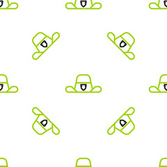 Poster - Line Sheriff hat with badge icon isolated seamless pattern on white background. Vector
