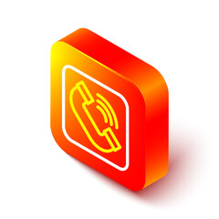 Poster - Isometric line Telephone handset icon isolated on white background. Phone sign. Orange square button. Vector