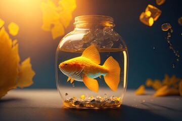 Gold fish in glass jar contrast saturated. ai generative