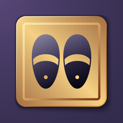 Wall Mural - Purple Slippers icon isolated on purple background. Flip flops sign. Gold square button. Vector