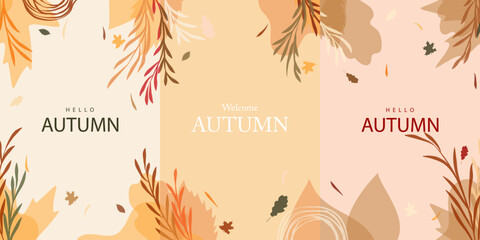 Wall Mural - autumn fall vertical vector design illustration pastel color background with autumn leaves theme des