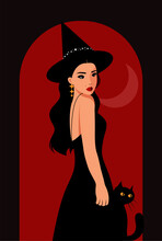 Halloween Beautiful Witch With Her Black Cat At Night