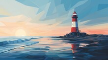 A Painting Of A Red And White Lighthouse On A Rocky Shore.  Generative Ai