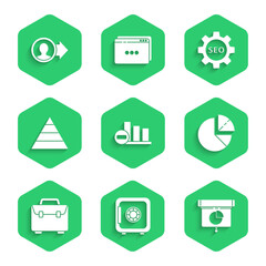 Poster - Set Pie chart infographic, Safe, Graph, chart, diagram,, Briefcase, Pyramid infographics, Seo tag with gear wheel and Job promotion icon. Vector