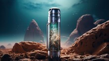  A Glass Bottle With A Picture Of A Mountain In It.  Generative Ai