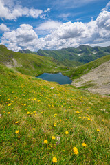 Wall Mural - idyllic view of lake capra (lacul capra) in the southern carpathian mountains of romania