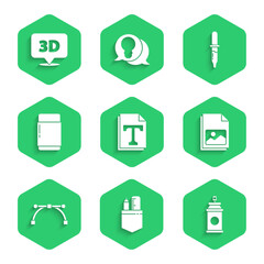 Poster - Set Text file document, Crossed ruler and pencil, Paint spray can, Picture landscape, Bezier curve, Eraser or rubber, Pipette and Speech bubble with text 3D icon. Vector